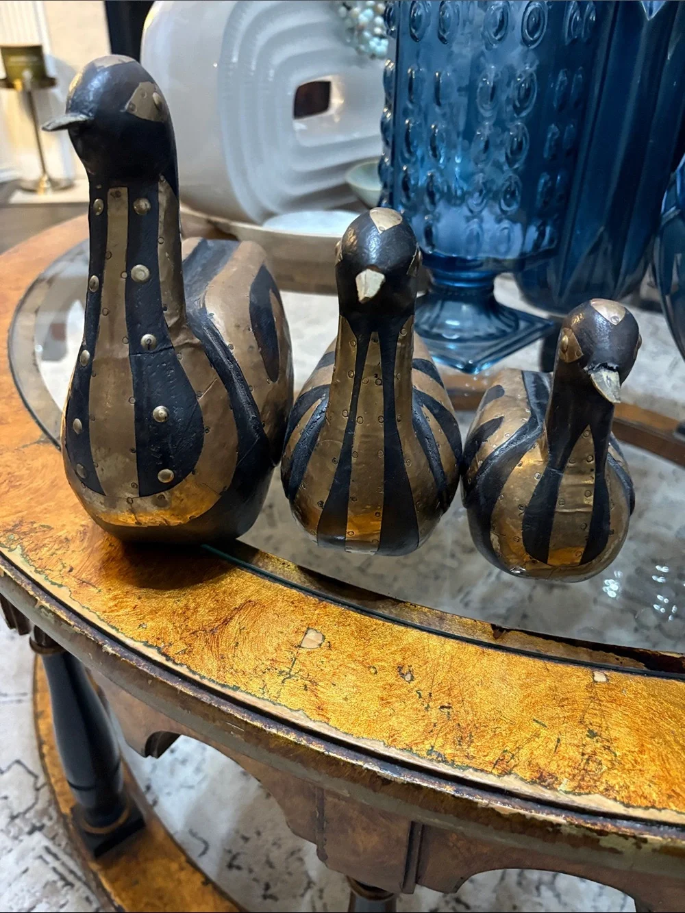 VTG Hand Carved Wooden Brass Duck Figurines